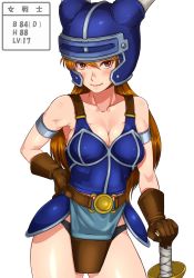 Rule 34 | 1girl, armlet, armor, bare legs, bare shoulders, belt, blush, breasts, brown gloves, cleavage, cowboy shot, cup size, daisy (dq), dragon quest, dragon quest yuusha abel densetsu, fake horns, gloves, hand on own hip, helmet, highres, horned helmet, horns, large breasts, legs, long hair, looking at viewer, matching hair/eyes, orange eyes, orange hair, pelvic curtain, puffy nipples, sakuradou, shiny skin, simple background, smile, solo, standing, sword, thighs, thong, three sizes, visor, warrior, weapon, white background