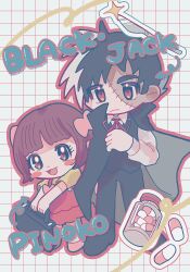 Rule 34 | 1boy, 1girl, :3, :d, arrow (symbol), black coat, black footwear, black hair, black jack (character), black jack (series), black pants, black vest, blush stickers, bob cut, bow, brown eyes, brown hair, character name, closed mouth, coat, coat on shoulders, collared shirt, commentary, dress, eyes visible through hair, frown, full body, grid background, hair bow, highres, long sideburns, long sleeves, looking at viewer, multicolored hair, multiple hair bows, neck ribbon, open clothes, open coat, open mouth, outline, pants, patchwork skin, pill, pill bottle, pinafore dress, pink bow, pinoko, red dress, red outline, red ribbon, ribbon, scalpel, scar, scar on face, shiono 15, shirt, short hair, short sleeves, sideburns, simple background, sleeveless, sleeveless dress, smile, sparkle, split-color hair, standing, stitched face, stitches, symbol-only commentary, thick eyebrows, two-tone hair, vest, white background, white hair, white shirt, wing collar, yellow shirt