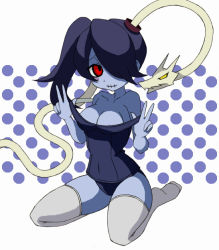 Rule 34 | 1girl, blue skin, blush, breasts, cleavage, colored skin, hair over one eye, leviathan (skullgirls), misaki naoe, polka dot, polka dot background, red eyes, side ponytail, skullgirls, squigly (skullgirls), stitched mouth, stitches, swimsuit, thighhighs, zombie
