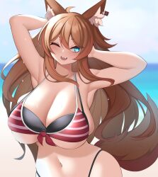 Rule 34 | 1girl, absurdres, animal ears, armpits, arms up, beach, bikini, blue eyes, blurry, breasts, bright pupils, candy, chocolate, chocolate bar, commission, curvy, depth of field, earrings, food, food-themed earrings, highres, huge breasts, jewelry, layered bikini, navel, ocean, one eye closed, open mouth, original, single earring, skeb commission, solo, striped bikini, striped clothes, sweat, swimsuit, tail, wide hips, wolf ears, wolf girl, wolf tail, zasuta