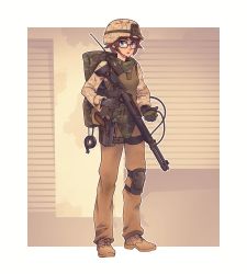 Rule 34 | 1girl, :o, absurdres, bag, benelli m4 super 90, black gloves, blue eyes, boots, border, brown footwear, brown hair, brown pants, camouflage, camouflage bag, camouflage jacket, combat shotgun, desert camouflage, full body, glasses, gloves, gun, handgun, hat, helmet, highres, holding, holding gun, holding weapon, holster, holstered, jacket, knee pads, long sleeves, looking at viewer, m1911, military, military hat, military uniform, open mouth, original, pants, pump-action shotgun, pump action, semi-automatic firearm, semi-automatic shotgun, short hair, shotgun, single knee pad, solo, standing, tape, teeth, uniform, vest, weapon, willy pete