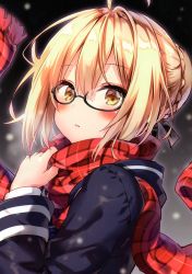Rule 34 | 1girl, absurdres, artoria pendragon (fate), black-framed eyewear, blonde hair, blush, brown eyes, fate/grand order, fate (series), glasses, hair bun, highres, long sleeves, looking at viewer, mysterious heroine x alter (fate), mysterious heroine x alter (first ascension) (fate), parted lips, riichu, scan, scarf, simple background, single hair bun, snowing, solo, upper body