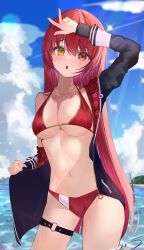 Rule 34 | 1girl, absurdres, bikini, black jacket, blue sky, breasts, cloud, garter straps, heterochromia, highres, hololive, houshou marine, houshou marine (summer), jacket, jewelry, large breasts, long hair, long sleeves, looking at viewer, navel, necklace, o-ring, o-ring thigh strap, outdoors, red bikini, red eyes, red hair, sky, solo, swimsuit, thigh strap, virtual youtuber, watatabeseeds, wet, yellow eyes