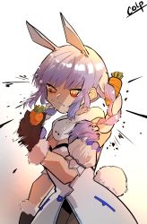 Rule 34 | 1girl, 1other, animal ears, arm cuffs, artist name, bare shoulders, black gloves, black pantyhose, braid, carrot, closed mouth, colp, don-chan (usada pekora), dress, frown, fur, gloves, hand up, highres, holding, hololive, long hair, pantyhose, purple hair, rabbit ears, sidelocks, sleeveless, standing, sweat, twin braids, upper body, usada pekora, usada pekora (1st costume), virtual youtuber, white background, white dress, wrist cuffs, yellow eyes