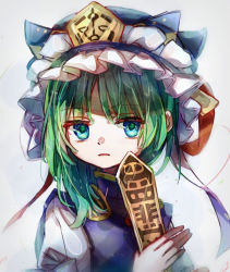 Rule 34 | 1girl, asymmetrical hair, balance scale, blue eyes, closed mouth, frilled hat, frills, frown, green hair, hat, highres, holding, looking at viewer, rod of remorse, shiki eiki, short hair, simple background, solo, tarutsu, touhou, upper body, weighing scale, white background