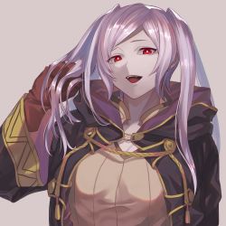Rule 34 | 1girl, brown gloves, fire emblem, fire emblem awakening, fire emblem heroes, gloves, grima (fire emblem), highres, hood, hood down, hutuuno tsubo, long hair, long sleeves, nintendo, open mouth, red eyes, robe, robin (female) (fire emblem), robin (fire emblem), simple background, solo, twintails, upper body, white hair
