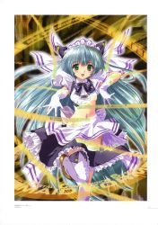 Rule 34 | 1girl, :d, absurdres, aqua hair, black bow, bow, bowtie, breasts, dress, floating hair, gloves, green eyes, hair ornament, highres, komatsu eiji, leg up, long hair, looking at viewer, navel, open mouth, original, small breasts, smile, solo, stomach, thighhighs, underboob, very long hair, white dress, white gloves, white thighhighs