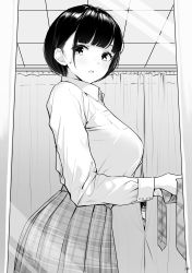 Rule 34 | 1girl, 1other, :o, absurdres, blush, breasts, ceiling, collared shirt, fitting room, from side, greyscale, heart, heart-shaped pupils, high-waist skirt, highres, holding necktie, large breasts, looking at another, looking at viewer, looking to the side, mole, mole under eye, monochrome, necktie, unworn necktie, original, parted lips, peeking, plaid, plaid necktie, plaid skirt, pleated skirt, school uniform, shirt, short hair, skirt, solo focus, sweat, symbol-shaped pupils, takenoko no you, tile ceiling, tiles