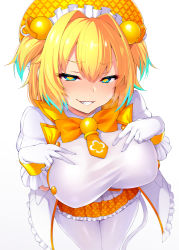 Rule 34 | 1girl, ahoge, blue eyes, blush, bombergirl, borrowed character, breasts, commentary request, gloves, hair between eyes, hair ornament, half-closed eyes, large breasts, long hair, maid headdress, pine (bombergirl), red eyes, satou kuuki, simple background, solo, two side up, white background, white gloves