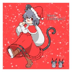 Rule 34 | 1girl, absurdres, animal ears, antlers, black pantyhose, blush, boots, border, brown footwear, capelet, commentary request, dress, fang, full body, grey hair, hat, highres, holding, holding sack, horns, liner41, looking at viewer, merry christmas, mouse (animal), mouse ears, mouse girl, mouse tail, nazrin, open mouth, pantyhose, red capelet, red dress, red eyes, sack, santa hat, short hair, skin fang, smile, snowflake background, solo, tail, touhou, walking, white border