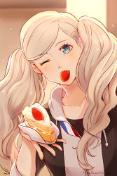 Rule 34 | 1girl, blue eyes, cake, cardigan, collarbone, food, grey cardigan, hair ornament, hairclip, hakamii, head tilt, holding, holding cake, holding food, hood, hood down, hooded cardigan, long hair, looking at viewer, mouth hold, one eye closed, persona, persona 5, signature, silver hair, solo, swept bangs, takamaki anne, twintails, upper body, very long hair