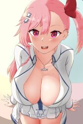 Rule 34 | 1girl, absurdres, breasts, cleavage, from above, girls&#039; frontline, hexagram, highres, huge breasts, jewelry, large breasts, necklace, negev (girls&#039; frontline), no bra, open mouth, pato takato, pink hair, red eyes, smile, solo, star-shaped pupils, star (symbol), star of david, symbol-shaped pupils