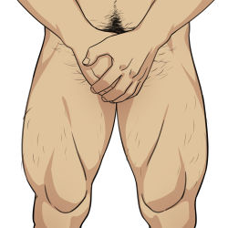 Rule 34 | 1boy, bara, completely nude, covering privates, covering crotch, hairy, koji (wildlhz), leg hair, lower body, male focus, male pubic hair, mature male, muscular, muscular male, navel hair, nude, original, pubic hair, simple background, solo, thick thighs, thighs, white background