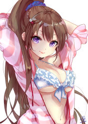 Rule 34 | &gt; &lt;, 10s, 1girl, 2016, :&gt;, :3, arms behind head, arms up, bikini, bikini top only, blush, breasts, brown hair, cat hair ornament, cleavage, closed eyes, closed mouth, dated, frilled bikini, frills, hair ornament, hairclip, jacket, long hair, looking at viewer, navel, open clothes, open jacket, original, pisuke, ponytail, purple eyes, solo, striped clothes, striped jacket, swimsuit, very long hair, white background, white bikini