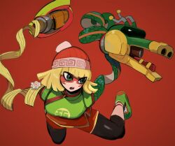 1girl arms_(game) beanie black_leggings blonde_hair dragon_(arms) eye_mask food green_eyes green_footwear hat highres jpeg_artifacts kamaboko knit_hat leggings meandros min_min_(arms) narutomaki open_mouth pom_pom_(clothes) pom_pom_beanie raichiyo ramram_(arms) red_background red_hat shoes short_hair simple_background solo teeth