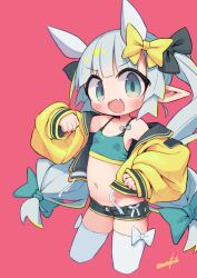 Rule 34 | 1girl, :d, artist name, bare shoulders, black bow, black shorts, blue bow, blue eyes, blue sports bra, blush, bow, bow legwear, breasts, collarbone, commentary request, cropped legs, fang, grey hair, hair bow, highres, horns, jacket, long hair, long sleeves, looking at viewer, micro shorts, midriff, nanatsuta, navel, open mouth, original, pointy ears, puffy long sleeves, puffy sleeves, red background, shorts, signature, simple background, sleeves past wrists, small breasts, smile, solo, sports bra, thighhighs, twintails, white bow, white footwear, white thighhighs, yellow bow, yellow jacket