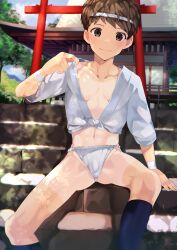 Rule 34 | 1boy, absurdres, architecture, arm support, bare legs, blurry, blush, brown eyes, brown hair, building, bulge, chromatic aberration, collarbone, commentary request, covered penis, dappled sunlight, day, depth of field, east asian architecture, fundoshi, gluteal fold, groin, hachimaki, hand up, headband, highres, ironasi247, japanese clothes, looking at viewer, male focus, mizu happi, navel, nejiri hachimaki, open clothes, original, outdoors, pectoral cleavage, pectorals, shirt tan, short hair, short sleeves, shorts tan, shrine, sitting, sitting on stairs, smile, solo, spread legs, stairs, stone stairs, sunlight, tan, tanline, torii, wristband