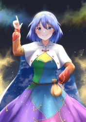 Rule 34 | 1girl, absurdres, aura, belt, blue eyes, blue hair, breasts, brown belt, cape, cloak, closed mouth, cloud print, eyelashes, hairband, hand on own hip, highres, kuneamorai, long sleeves, looking at viewer, medium breasts, multicolored clothes, multicolored hairband, patchwork clothes, pointing, pointing up, rainbow gradient, short hair, sky print, smile, tenkyuu chimata, touhou, two-sided cape, two-sided fabric, white cape, yellow bag, zipper