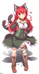Rule 34 | 1girl, alternate hairstyle, animal ears, bare shoulders, boots, cat ears, cat tail, collarbone, cross-laced footwear, detached sleeves, extra ears, heart, highres, kaenbyou rin, leg ribbon, long hair, multiple tails, nekomata, one eye closed, pointy ears, psychopath idiot, red eyes, red hair, ribbon, shirt, skirt, skirt set, smile, solo, tail, tail ornament, tail ribbon, tongue, tongue out, touhou, underbust, very long hair