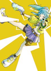Rule 34 | 1girl, absurdres, ankle socks, bare legs, belt, bike shorts, black socks, blue hair, blunt bangs, blush, brown belt, brown gloves, commentary request, dual wielding, fingerless gloves, floating, floating hair, full body, gloves, groin, gun, hair bobbles, hair ornament, high ponytail, highres, holding, holding gun, holding weapon, hood, hood down, hooded jacket, jacket, kick-flight, looking at viewer, matane matsune, midriff, navel, open clothes, open jacket, parted lips, pleated skirt, purple footwear, purple skirt, purple sports bra, ruriha (kick-flight), shoes, short sleeves, shorts, shorts under skirt, sidelocks, simple background, skirt, sneakers, socks, solo, sports bra, thigh strap, trigger discipline, two-tone background, weapon, white background, yellow background, yellow jacket