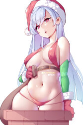 Rule 34 | 1girl, belt, blue hair, breasts, brown belt, chimney, christmas, commentary, covered erect nipples, eiai nano, english commentary, gloves, hat, highres, hot vr, kimi no koto ga dai dai dai dai daisuki na 100-nin no kanojo, large breasts, long hair, looking at viewer, navel, open mouth, patreon username, red eyes, red gloves, santa hat, simple background, solo, stuck, teeth, thighs, upper teeth only, white background
