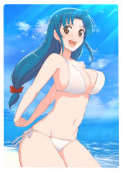 Rule 34 | 1girl, arms behind back, beach, bikini, blue hair, bow, breasts, brown eyes, chidori kaname, cleavage, facing to the side, full metal panic!, hair bow, highres, large breasts, long hair, looking at viewer, navel, open mouth, sketch, smile, solo, sunlight, swimsuit, user ccfk3384, water, white bikini