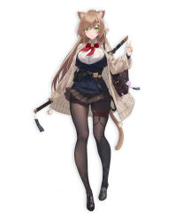 Rule 34 | 1girl, absurdres, animal ears, bra, bra peek, breasts, brown pantyhose, cardigan, cat ears, cat tail, closed mouth, full body, green eyes, hair ornament, hairclip, highres, katana, large breasts, light brown hair, loafers, long hair, long sleeves, miniskirt, ng jie, original, pantyhose, pleated skirt, ponytail, school uniform, see-through, shoes, simple background, skindentation, skirt, smile, solo, standing, sword, tail, thigh strap, thighband pantyhose, underwear, w, weapon, white background