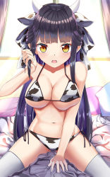 Rule 34 | 1girl, 2021, absurdres, animal costume, animal ears, animal print, bikini, black hair, blush, breasts, character request, chinese zodiac, cleavage, cow costume, cow ears, cow girl, cow horns, cow print, female focus, highres, horns, large breasts, looking at viewer, muv-luv, muv-luv alternative, navel, open mouth, ryuu shuo, solo, swimsuit, year of the ox, yellow eyes