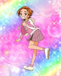 Rule 34 | 1girl, artist request, brown eyes, brown hair, casual, commentary, english commentary, eyelashes, futari wa precure splash star, gradient background, hair ornament, hairclip, happy, highres, hyuuga saki, looking at viewer, official art, ponytail, precure, precure connection puzzlun, shoes, short hair, skirt, smile, solo, standing, third-party source