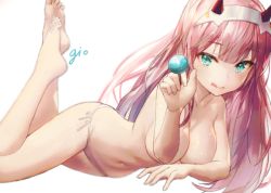 Rule 34 | 10s, 1girl, artist name, bare legs, barefoot, breasts, candy, cleavage, closed mouth, collarbone, darling in the franxx, food, gio (maroon0924), green eyes, holding, holding candy, holding food, holding lollipop, horns, large breasts, legs up, lollipop, long hair, looking at viewer, lying, navel, on stomach, panties, pink hair, pink panties, side-tie panties, simple background, soles, solo, the pose, tongue, tongue out, topless, underwear, underwear only, very long hair, white background, zero two (darling in the franxx)