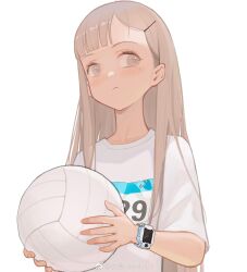 Rule 34 | 1girl, absurdres, ball, brown eyes, brown hair, frown, hair ornament, hairclip, highres, holding, holding ball, looking to the side, original, peter pan (adtc7243), shirt, short sleeves, solo, t-shirt, upper body, volleyball, volleyball (object), watch, weibo logo, weibo watermark, white background, white shirt, wristwatch