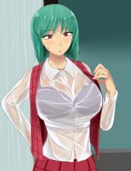 Rule 34 | 1girl, black bra, blouse, blush, bra, breasts, collarbone, collared shirt, colored eyelashes, daa (blame2212), eyebrows, eyes visible through hair, green hair, hand on own hip, highres, indoors, kazami yuuka, large breasts, light frown, lips, long sleeves, looking down, open clothes, open vest, plaid, plaid skirt, plaid vest, rain, red eyes, red skirt, red vest, see-through, serious, shirt, short hair, skirt, skirt set, solo, solo focus, touhou, underwear, vest, water drop, wet, wet clothes, wet hair, wet shirt, white shirt
