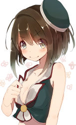 Rule 34 | 10s, 1girl, blue eyes, breasts, brown hair, gijxgij, hat, highres, kantai collection, maya (kancolle), remodel (kantai collection), school uniform, short hair, simple background, smile, solo