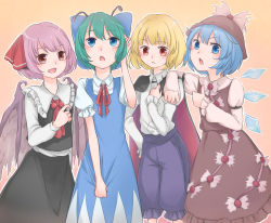 Rule 34 | 4girls, antennae, ascot, bad id, bad pixiv id, bird wings, blonde hair, blue dress, blue eyes, blue hair, blush, brown dress, brown eyes, cape, cirno, cirno (cosplay), cosplay, costume switch, dress, gradient background, green hair, hair ornament, hair ribbon, hat, highres, ice, ice wings, long sleeves, looking at viewer, looking up, multiple girls, mystia lorelei, mystia lorelei (cosplay), open mouth, orange background, pants, pink hair, puffy sleeves, red eyes, ribbon, rumia, rumia (cosplay), sail (blacksail), shirt, short hair, short sleeves, skirt, skirt set, smile, team 9 (touhou), touhou, vest, wings, wriggle nightbug, wriggle nightbug (cosplay)
