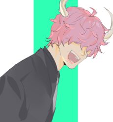 Rule 34 | 1boy, black shirt, green background, hair over eyes, horns, male focus, one piece, open mouth, pink hair, raine (acke2445), shirt, simple background, solo, upper body, white background, white horns, who&#039;s who (one piece)