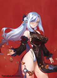 Rule 34 | 1girl, bare shoulders, black dress, blue eyes, breasts, china dress, chinese clothes, commentary, cowboy shot, detached sleeves, dress, flower, genshin impact, grin, hair flower, hair ornament, highres, juliet sleeves, large breasts, long hair, long sleeves, looking at viewer, low-tied long hair, official alternate costume, puffy sleeves, red background, shenhe (frostflower dew) (genshin impact), shenhe (genshin impact), sleeveless, sleeveless dress, smile, solo, standing, thighlet, thighs, tomatolacoon, very long hair, white flower, white hair