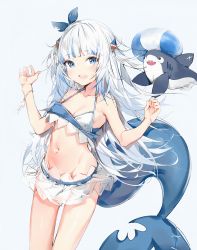 Rule 34 | 1girl, :d, absurdres, bare arms, bare shoulders, bikini, bloop (gawr gura), blue eyes, blue hair, breasts, collarbone, commentary, fins, fish tail, gawr gura, grey background, groin, hair ornament, hands up, highres, hololive, hololive english, huge filesize, long hair, looking at viewer, multicolored hair, navel, open mouth, shark tail, sharp teeth, silver (chenwen), simple background, small breasts, smile, streaked hair, swimsuit, tail, teeth, two side up, very long hair, virtual youtuber, white bikini, white hair