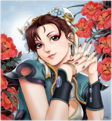 Rule 34 | 1girl, absurdres, alternate costume, border, bracer, brown hair, bun cover, capcom, china dress, chinese clothes, chun-li, cleavage cutout, clothing cutout, double bun, dress, earrings, eyelashes, eyeshadow, floral background, flower, gradient background, gtolin chang, hair bun, highres, jewelry, lips, lipstick, makeup, nail polish, nose, ornate ring, ring, short hair, solo, street fighter, wedding ring