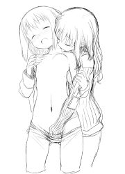 Rule 34 | 2girls, bare shoulders, blush, breasts, closed eyes, collarbone, elizabeth f. beurling, elma leivonen, fingering, fingering from behind, grabbing, grabbing another&#039;s breast, grabbing from behind, greyscale, hand on another&#039;s arm, hand on another&#039;s arms, hand on hand, kinniku tarou, licking, licking another&#039;s neck, monochrome, multiple girls, navel, nipples, off shoulder, open clothes, open mouth, reach-around, sketch, small breasts, strike witches, strike witches: suomus misfits squadron, sweater, world witches series, yuri