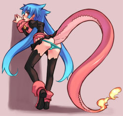 Rule 34 | 1girl, ass, blue hair, blush, boots, dragon tail, fire, fire, flame-tipped tail, long hair, looking back, monster girl, original, panties, panty pull, pink footwear, red eyes, rumie, skirt, solo, tail, flame-tipped tail, thighhighs, tiona, underwear