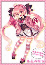 Rule 34 | 1girl, :d, ahoge, animal ear headphones, animal ears, armband, black footwear, black sailor collar, blush, bow, center frills, commentary request, fake animal ears, fang, frilled skirt, frills, full body, hands up, headphones, headset, heart, heart ahoge, highres, jacket, long hair, long sleeves, looking at viewer, open clothes, open jacket, open mouth, original, outline, pink bow, pink hair, pink jacket, pleated skirt, polka dot, polka dot background, puffy long sleeves, puffy sleeves, rabbit ear headphones, red eyes, sailor collar, shirt, shoes, skirt, sleeves past wrists, smile, solo, striped clothes, striped thighhighs, suzunone rena, thighhighs, translation request, twintails, very long hair, white background, white outline, white shirt, white skirt