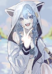Rule 34 | 1girl, absurdres, animal hood, ball, bandeau, beachball, bikini, bikini under clothes, blue bikini, blue eyes, blue hair, blurry, blurry background, hand up, highres, hololive, hood, hooded jacket, hoshimachi suisei, hoshimachi suisei (school uniform), jacket, long hair, long sleeves, looking at viewer, mirai99, navel, open clothes, open jacket, open mouth, smile, solo, swimsuit, swimsuit under clothes, upper body, v, v over mouth, virtual youtuber, water, wet, wet clothes, white jacket