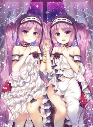Rule 34 | 2girls, :d, armband, bare shoulders, bead bracelet, beads, blush, bracelet, choker, closed mouth, collarbone, commentary request, curtains, dress, euryale (fate), falling petals, fate/hollow ataraxia, fate (series), frilled choker, frilled dress, frills, hairband, hand on own chest, hands up, holding hands, indoors, interlocked fingers, jewelry, lolita hairband, long dress, long hair, looking at viewer, multiple girls, nail polish, open mouth, parted bangs, petals, purple eyes, purple hair, purple nails, siblings, sidelocks, sisters, sitting, smile, stheno (fate), strapless, strapless dress, suzunone rena, twins, twintails, very long hair, white choker, white dress, white hairband, window