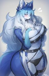 Rule 34 | 1girl, absurdres, animal ears, blue eyes, blue hair, blush, breasts, cleavage, clothing request, commission, curvy, embarrassed, eyes visible through hair, fox ears, fox girl, fox tail, furry, furry female, gradient hair, hair between eyes, hands on own chest, highres, huge breasts, long hair, multicolored hair, original, skeb commission, snout, solo, suurin (ksyaro), tail, two-tone hair, very long hair
