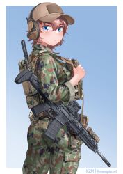Rule 34 | 1girl, absurdres, artist name, ass, blue background, blue eyes, border, breasts, brown hair, brown hat, camouflage, camouflage jacket, camouflage pants, gun, hat, highres, holding, holding gun, holding weapon, howa type 20, jacket, kzm (sub-moa works), looking at viewer, looking back, medium breasts, military, military hat, military uniform, original, pants, short hair, solo, uniform, weapon, white border, woodland camouflage