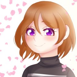 Rule 34 | 1girl, absurdres, artist name, artist request, black sweater, blush, breasts, brown hair, close-up, female focus, floating hair, hair between eyes, highres, koizumi hanayo, long sleeves, looking at viewer, love live!, love live! school idol festival, love live! school idol project, parted lips, petals, pink petals, purple eyes, short hair, smile, solo, sweater, upper body, white background