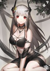 Rule 34 | 1girl, absurdres, arknights, bare shoulders, bikini, black bikini, black choker, breasts, choker, cleavage, dhokidoki, flower, grey background, hair flower, hair ornament, highres, horns, infection monitor (arknights), jewelry, large breasts, long hair, looking at viewer, mudrock (arknights), mudrock (silent night) (arknights), necklace, official alternate costume, parted lips, pointy ears, red eyes, silver hair, solo, stomach, swimsuit, upper body, very long hair