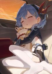 Rule 34 | 1girl, absurdres, aged down, ako (blue archive), animal, bada (jksh5056), bell, blue archive, blue hair, blush, car interior, dog, hair between eyes, hair ornament, highres, holding, holding animal, holding dog, neck bell, puppy, shiba inu, sideless outfit, sideless shirt, thighhighs