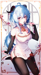 Rule 34 | 1girl, absurdres, ahoge, alternate costume, bad id, bad pixiv id, bell, black nails, blue hair, blush, border, branch, breasts, brown thighhighs, china dress, chinese clothes, cleavage, cleavage cutout, clothing cutout, commentary, cowbell, dress, eyelashes, fan to mouth, fingerless gloves, flower, folding fan, full body, ganyu (genshin impact), genshin impact, gloves, goat horns, hand fan, highres, horns, kneeling, large breasts, light blue hair, long hair, looking at viewer, miruku pan, nail polish, pantyhose, ponytail, red eyes, red flower, side slit, sidelocks, simple background, smile, thighhighs, very long hair, white background, white dress, white footwear