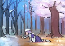 Rule 34 | 1girl, all fours, apron, arm up, artist name, bare tree, bloomers, cherry blossoms, closed eyes, dated, dragging, dress, frown, hat, ichiba youichi, letty whiterock, open mouth, outdoors, purple dress, purple hair, seasons, short hair, snow, socks, solo, spring (season), text focus, touhou, tree, trembling, underwear, white hat, winter